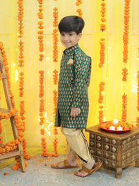 Thumbnail for NOZ2TOZ Kids Boys Ethnic Festive Wear Jacquard Full Sleeve Sherwani with Dhoti - Green - Distacart