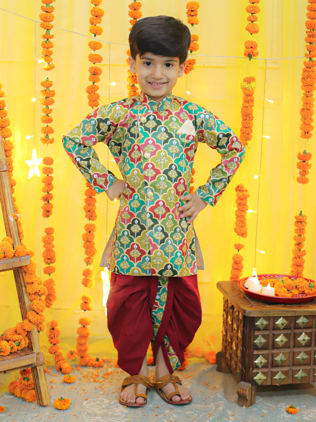 NOZ2TOZ Kids Boys Ethnic Festive Floral Printed Full Sleeve Sherwani with Cotton Dhoti - Multi - Distacart