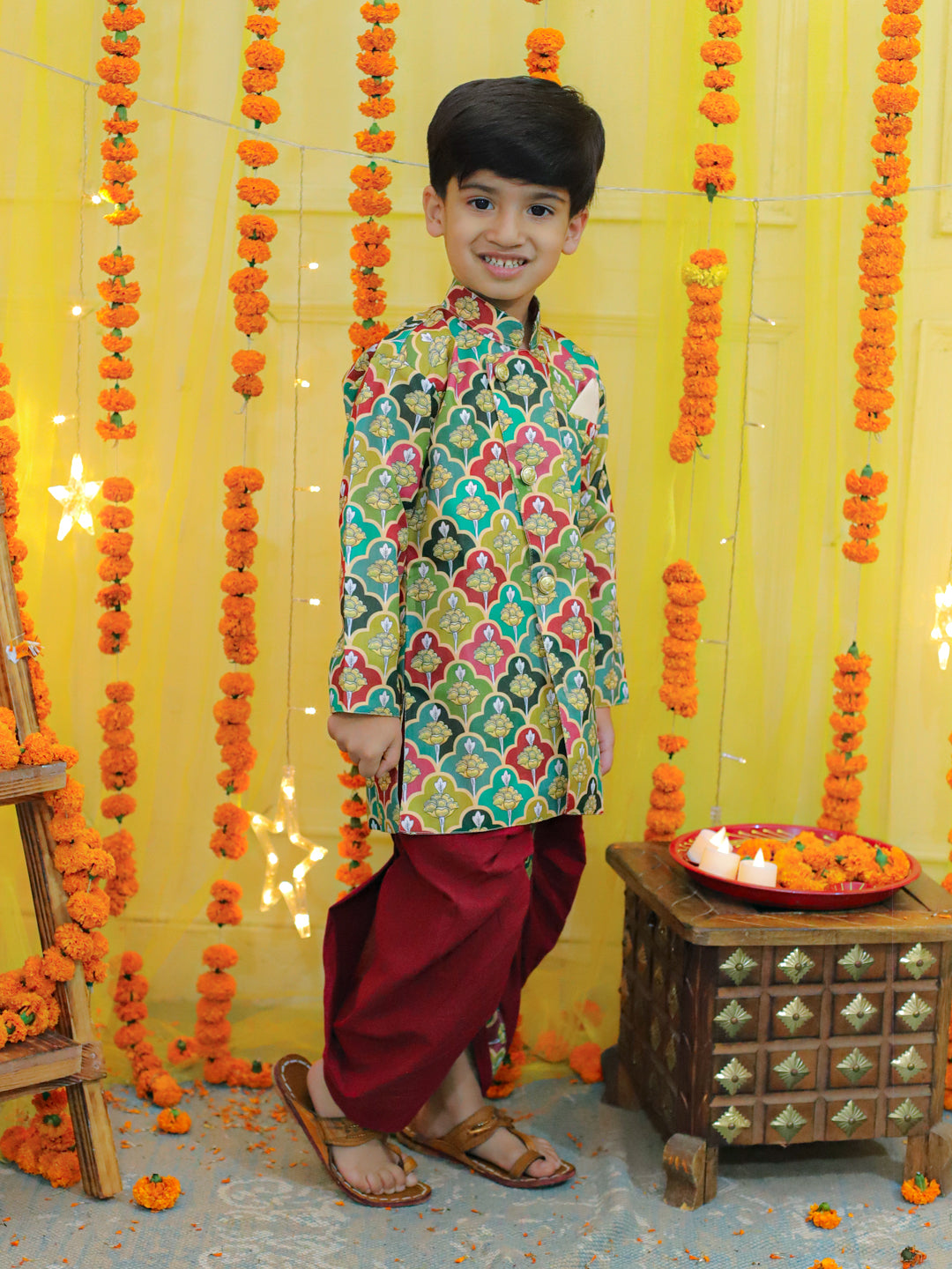 NOZ2TOZ Kids Boys Ethnic Festive Floral Printed Full Sleeve Sherwani with Cotton Dhoti - Multi - Distacart