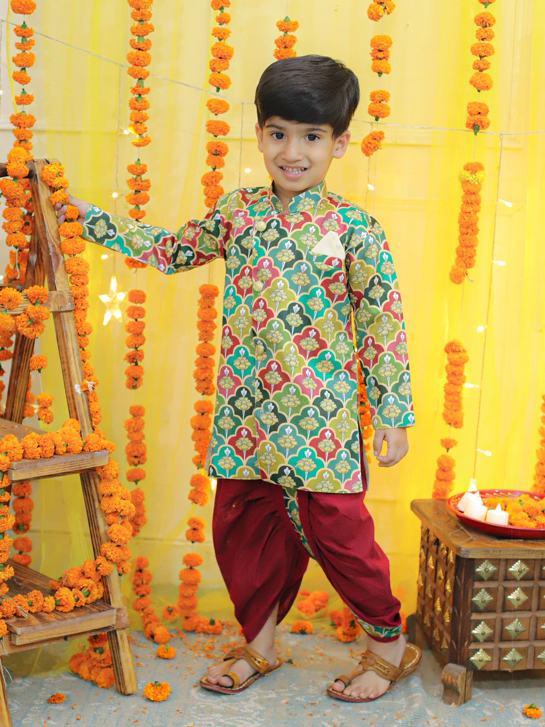 NOZ2TOZ Kids Boys Ethnic Festive Floral Printed Full Sleeve Sherwani with Cotton Dhoti - Multi - Distacart