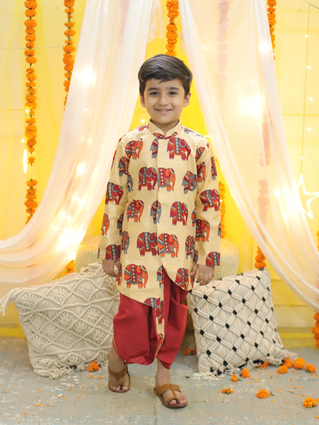NOZ2TOZ Kids Boys Ethnic Hathi Print Full Sleeve Sherwani - Red - Distacart