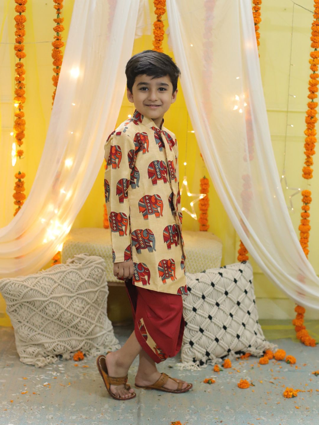 NOZ2TOZ Kids Boys Ethnic Hathi Print Full Sleeve Sherwani - Red - Distacart