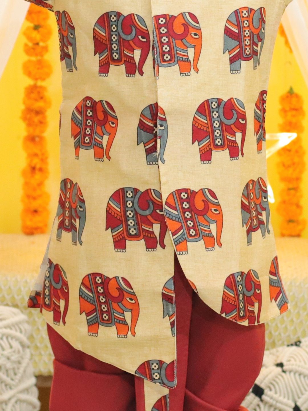 NOZ2TOZ Kids Boys Ethnic Hathi Print Full Sleeve Sherwani - Red - Distacart