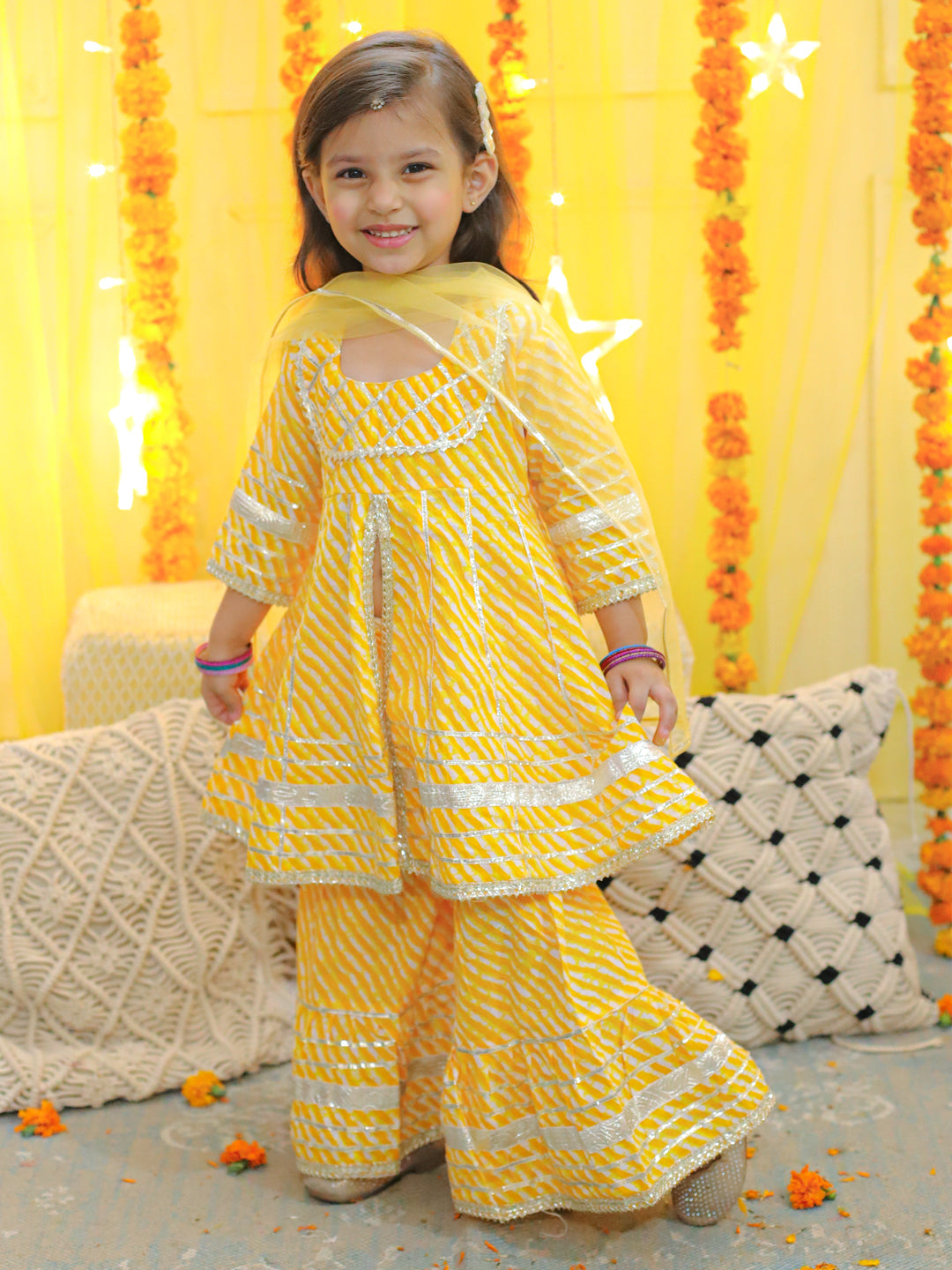 NOZ2TOZ Kids Pure Cotton Printed Kurta Sharara with Dupatta for Girls - Yellow - Distacart