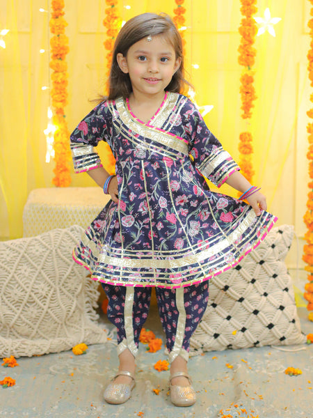 NOZ2TOZ Kids Pure Cotton 3/4th Sleeve Anarkali Kurta with Dhoti - Blue - Distacart