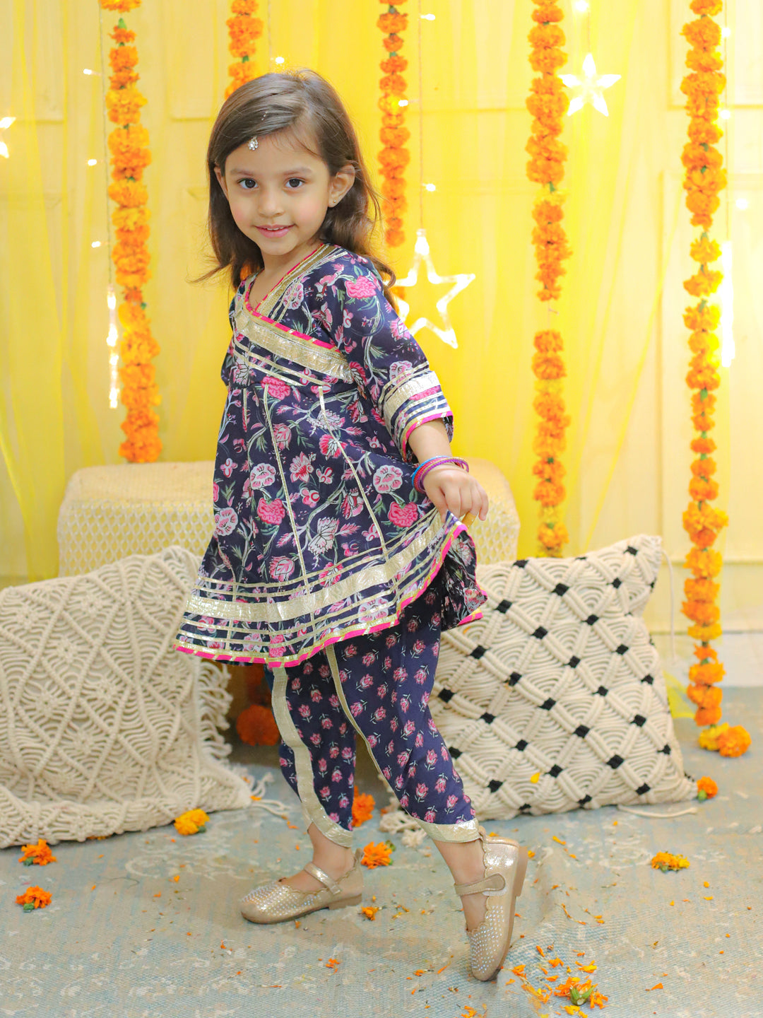 NOZ2TOZ Kids Pure Cotton 3/4th Sleeve Anarkali Kurta with Dhoti - Blue - Distacart