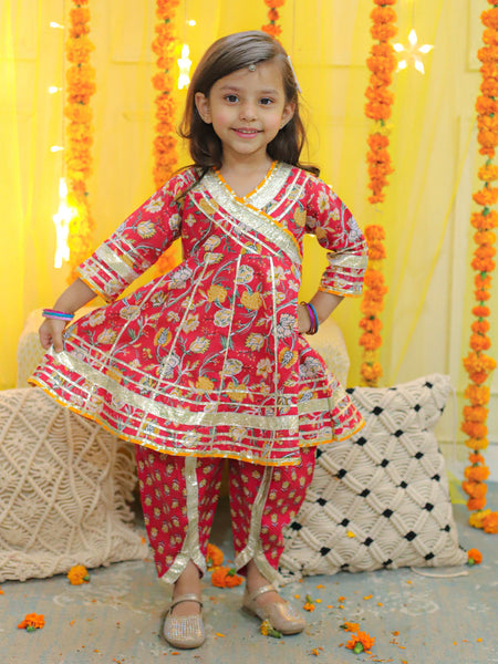 NOZ2TOZ Kids Pure Cotton 3/4th Sleeve Anarkali Kurta with Dhoti - Red - Distacart