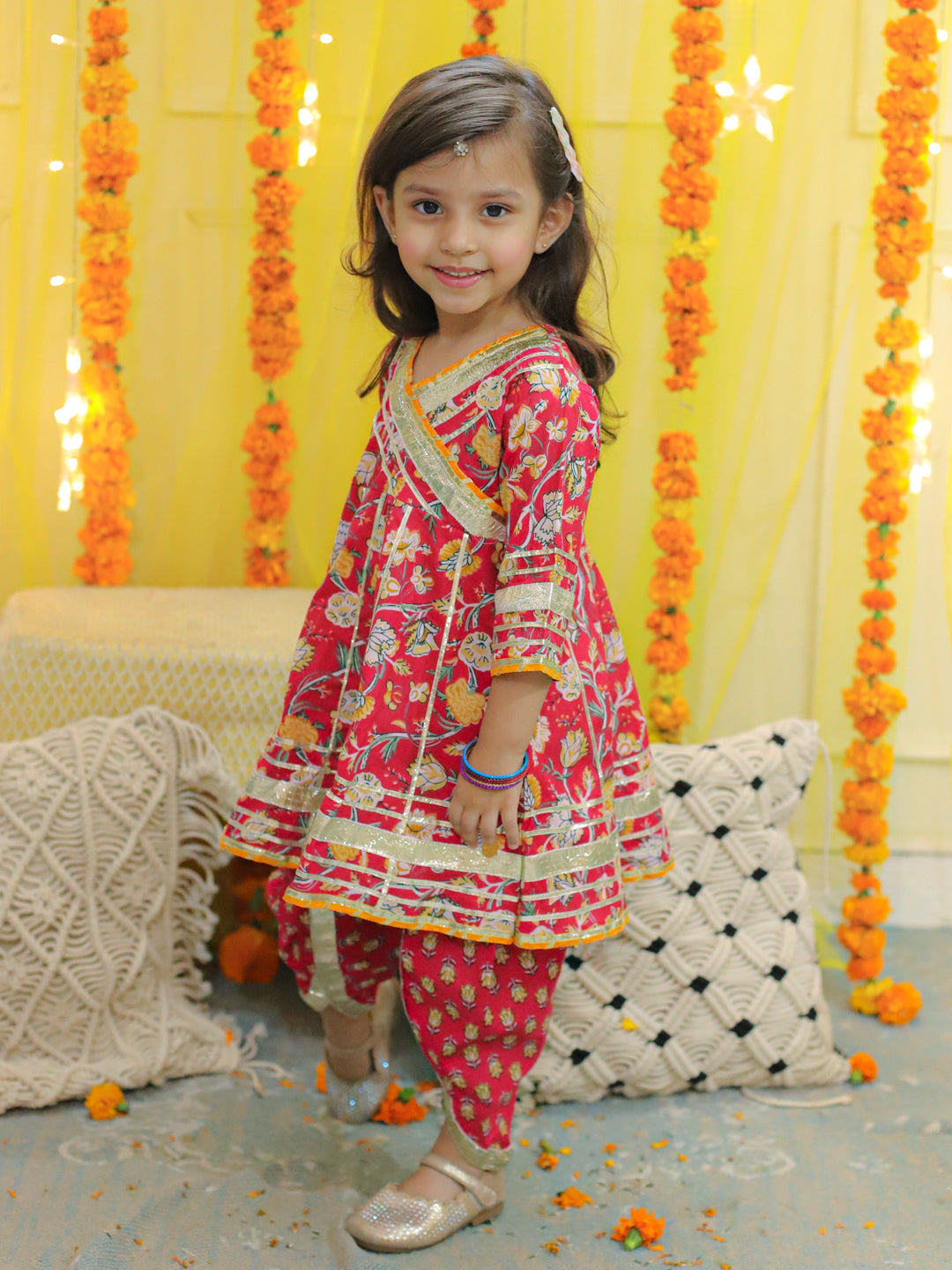 NOZ2TOZ Kids Pure Cotton 3/4th Sleeve Anarkali Kurta with Dhoti - Red - Distacart