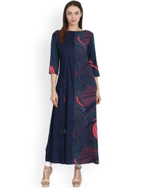 Thumbnail for NOZ2TOZ Blue Printed 3/4 Sleeve Rayon Long Kurta - Distacart