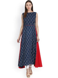 Thumbnail for NOZ2TOZ Blue Printed Sleevless Long A-Line Cotton Kurta - Distacart
