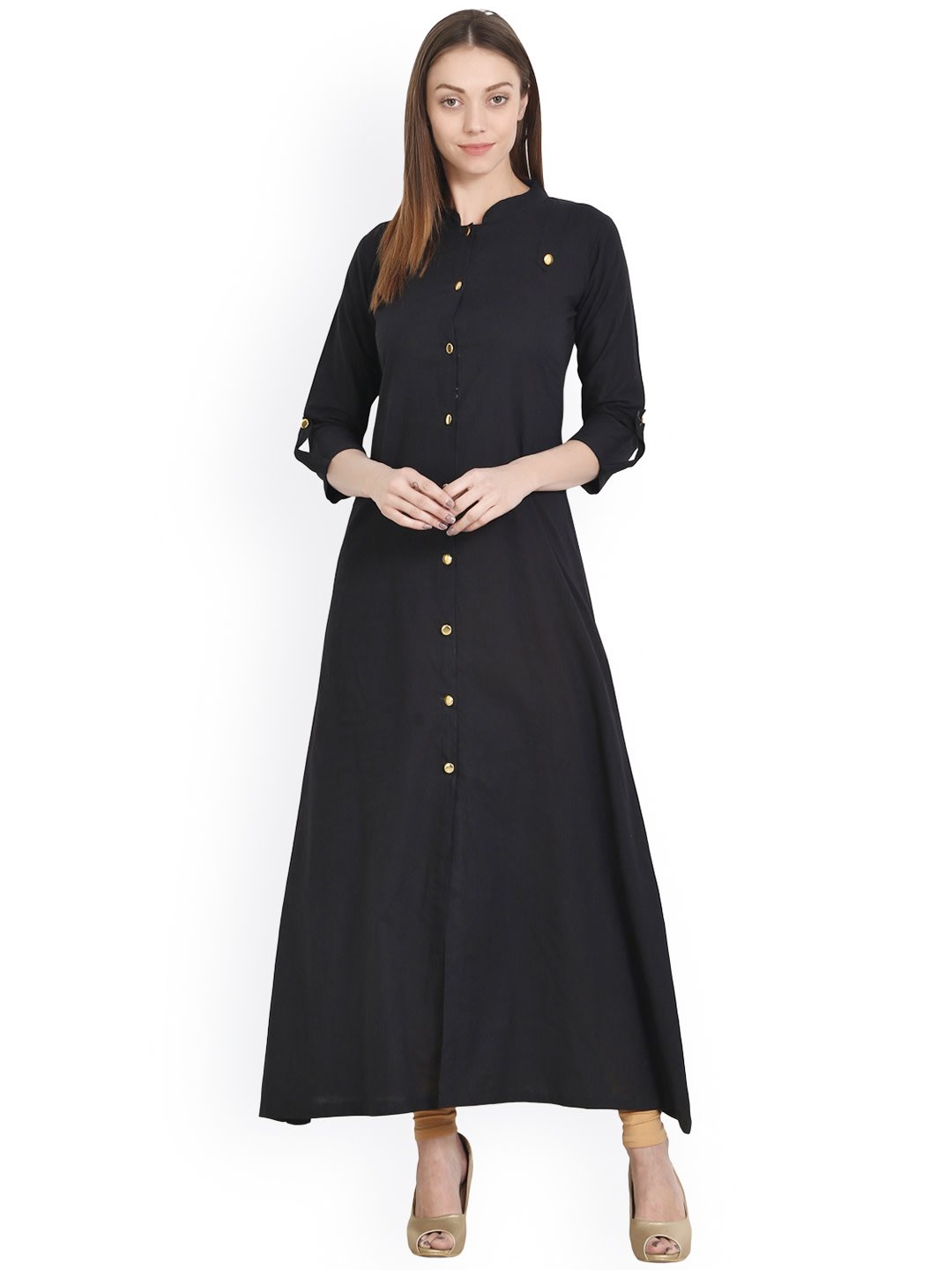 NOZ2TOZ Black 3/4 Sleeve Cotton A-Line Kurta - Distacart
