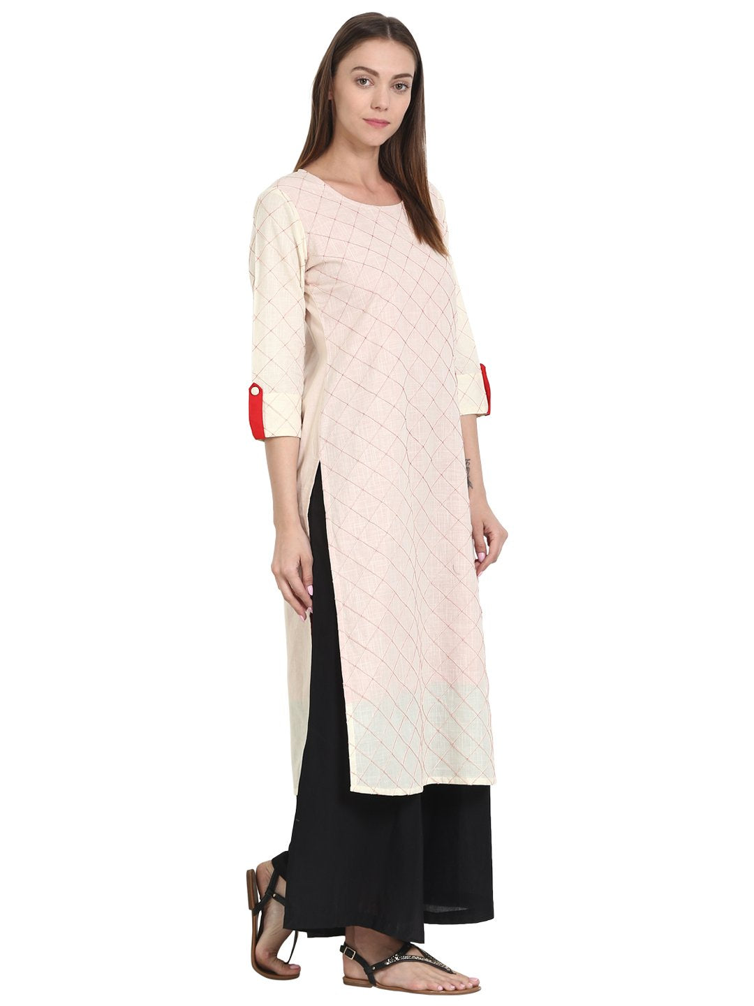 NOZ2TOZ White 3/4th Sleeve Cotton Kurta - Distacart