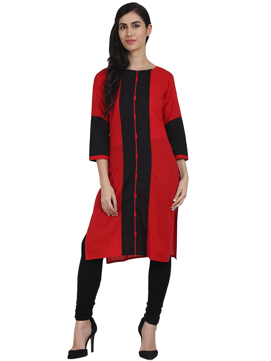 NOZ2TOZ Red 3/4th Sleeve Cotton Straight Kurta - Distacart
