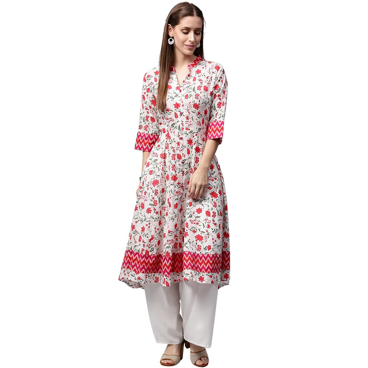 NOZ2TOZ White & Red Printed 3/4th Sleeve Cotton Anarkali Kurta - Distacart