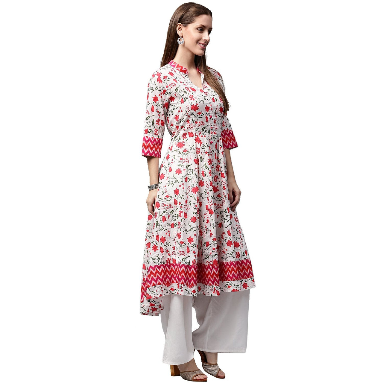 NOZ2TOZ White & Red Printed 3/4th Sleeve Cotton Anarkali Kurta - Distacart