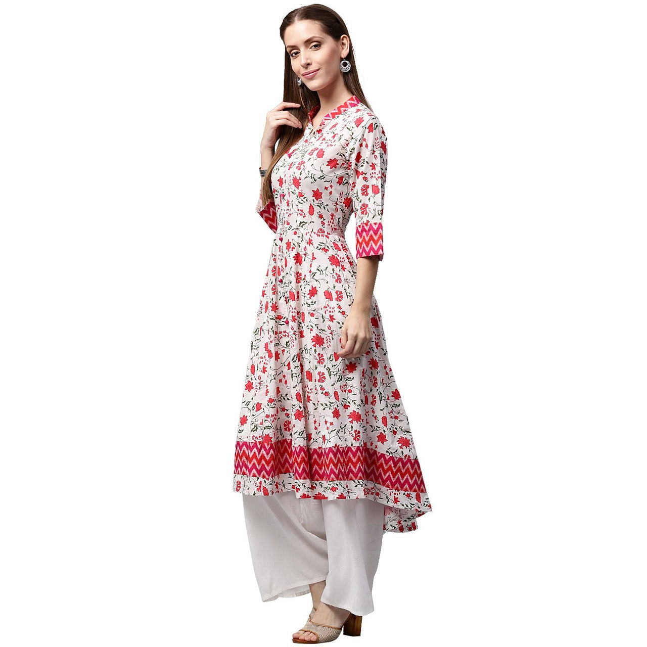 NOZ2TOZ White & Red Printed 3/4th Sleeve Cotton Anarkali Kurta - Distacart