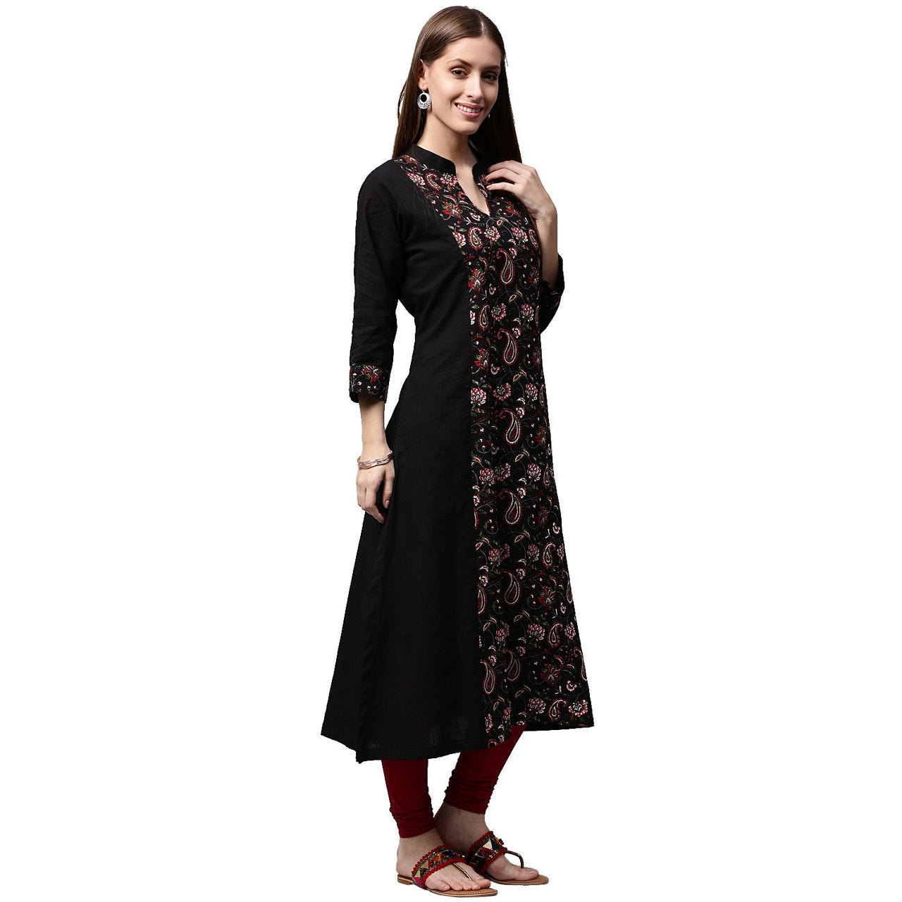 NOZ2TOZ Black Printed 3/4th Sleeve Cotton A-Line Kurta - Distacart