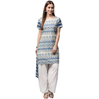 Thumbnail for NOZ2TOZ Blue Printed Cap Sleeve Cotton Low-High Kurta - Distacart