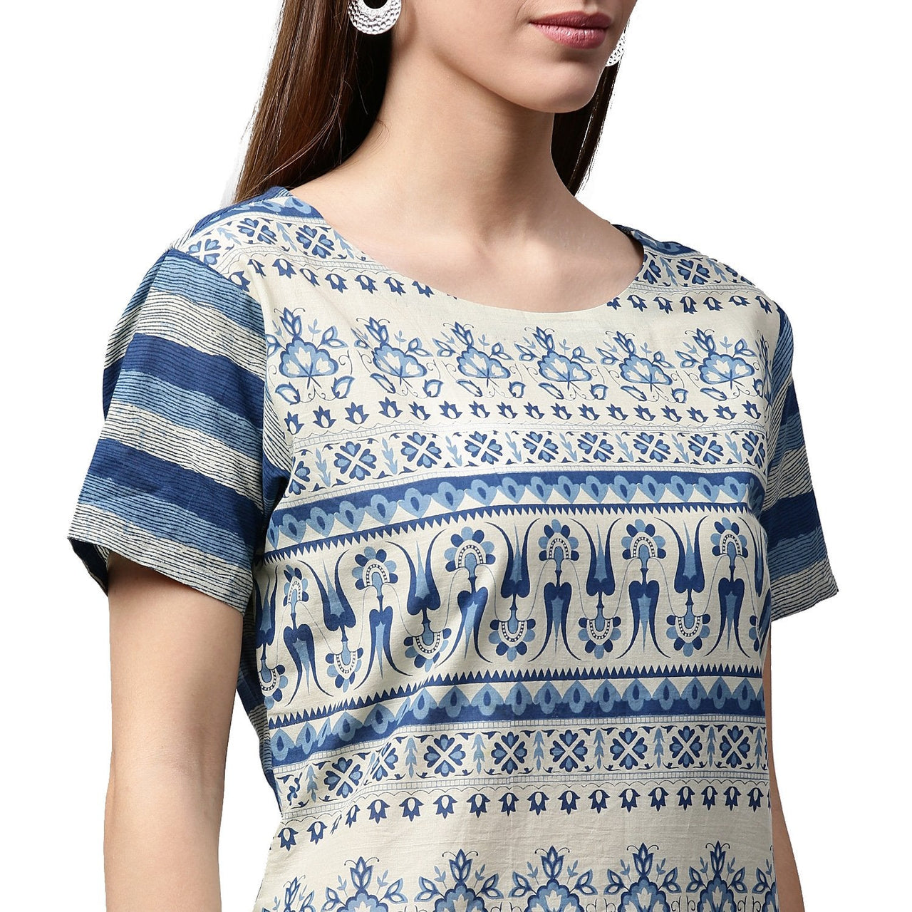 NOZ2TOZ Blue Printed Cap Sleeve Cotton Low-High Kurta - Distacart