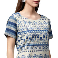 Thumbnail for NOZ2TOZ Blue Printed Cap Sleeve Cotton Low-High Kurta - Distacart