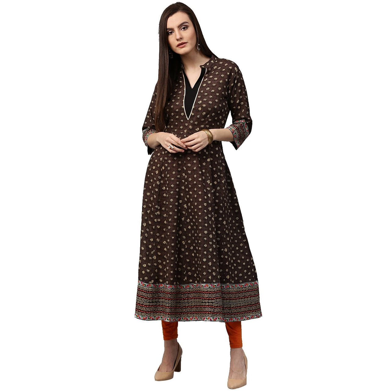 NOZ2TOZ Olive Green Printed 3/4th Sleeve Cotton Anarkali Kurta - Distacart