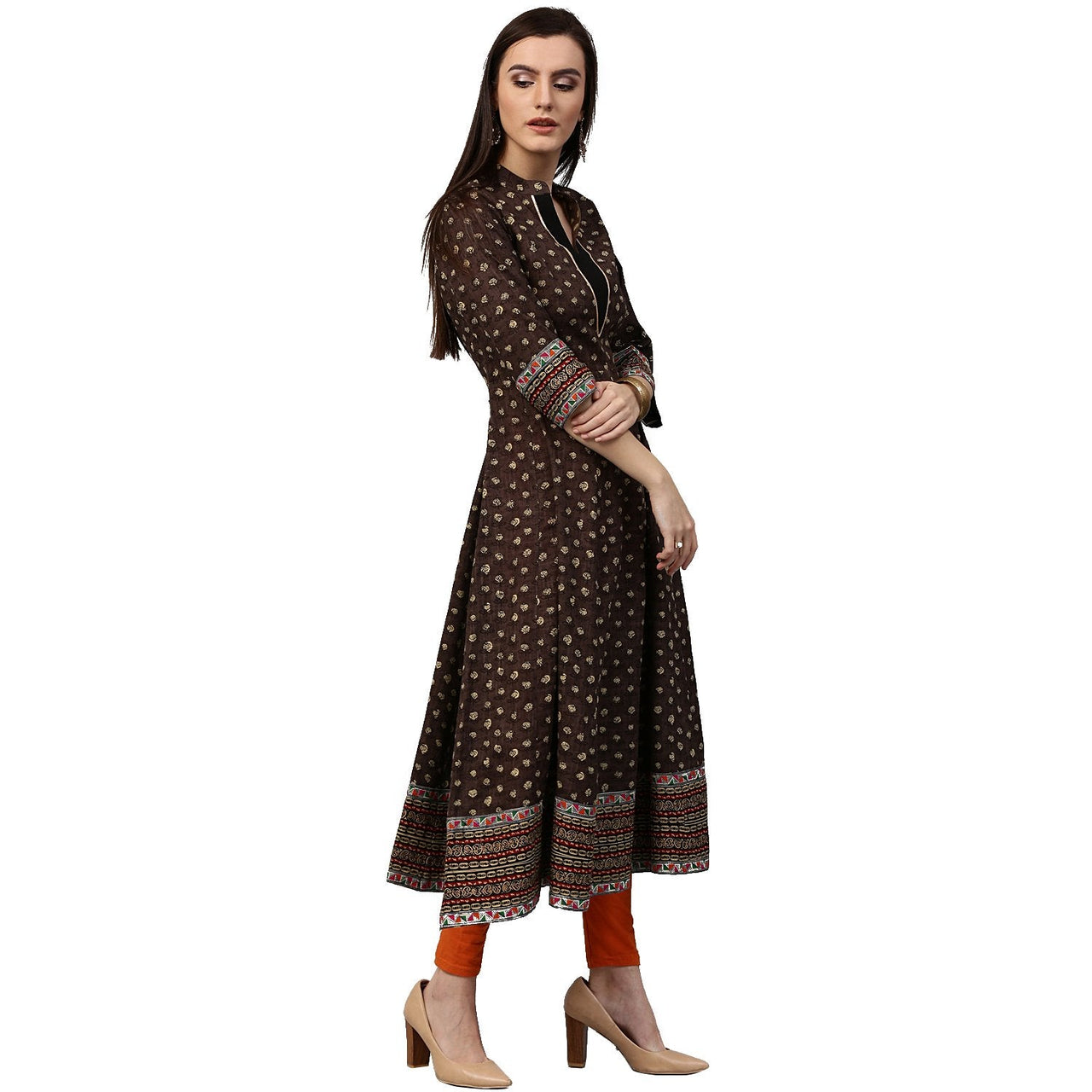 NOZ2TOZ Olive Green Printed 3/4th Sleeve Cotton Anarkali Kurta - Distacart