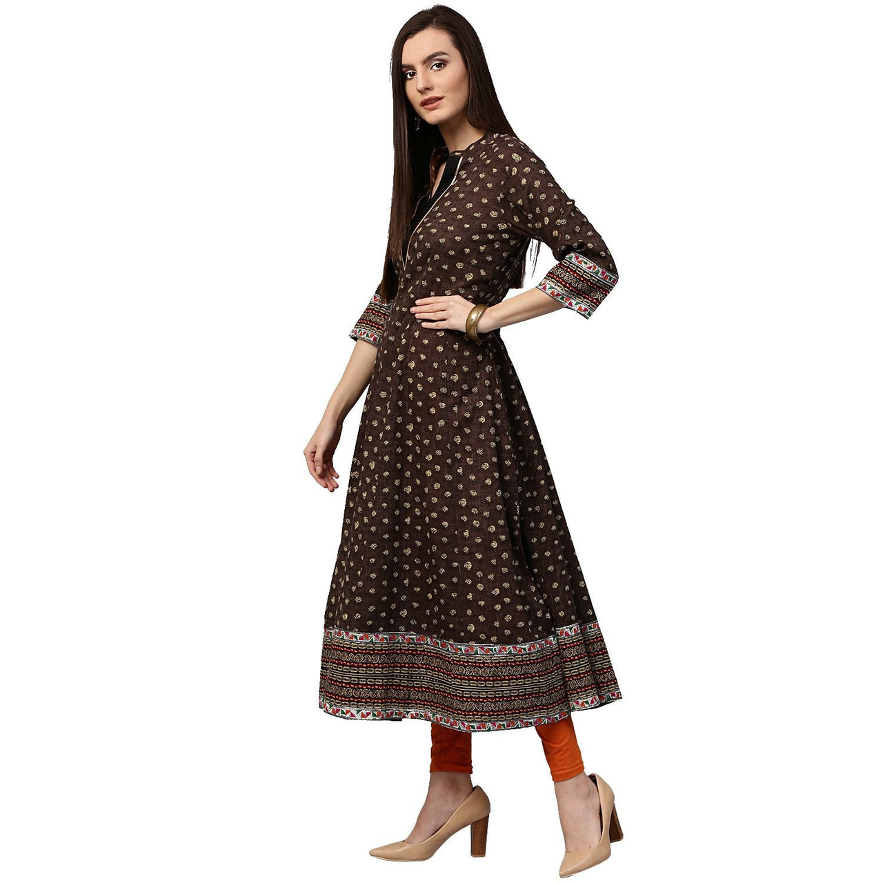 NOZ2TOZ Olive Green Printed 3/4th Sleeve Cotton Anarkali Kurta - Distacart