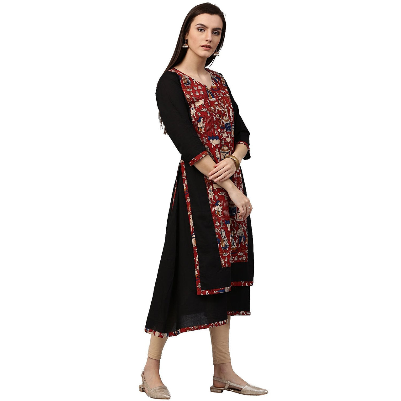 NOZ2TOZ Black Printed 3/4th Sleeve Anarkali Kurta With Double Layer In Front - Distacart