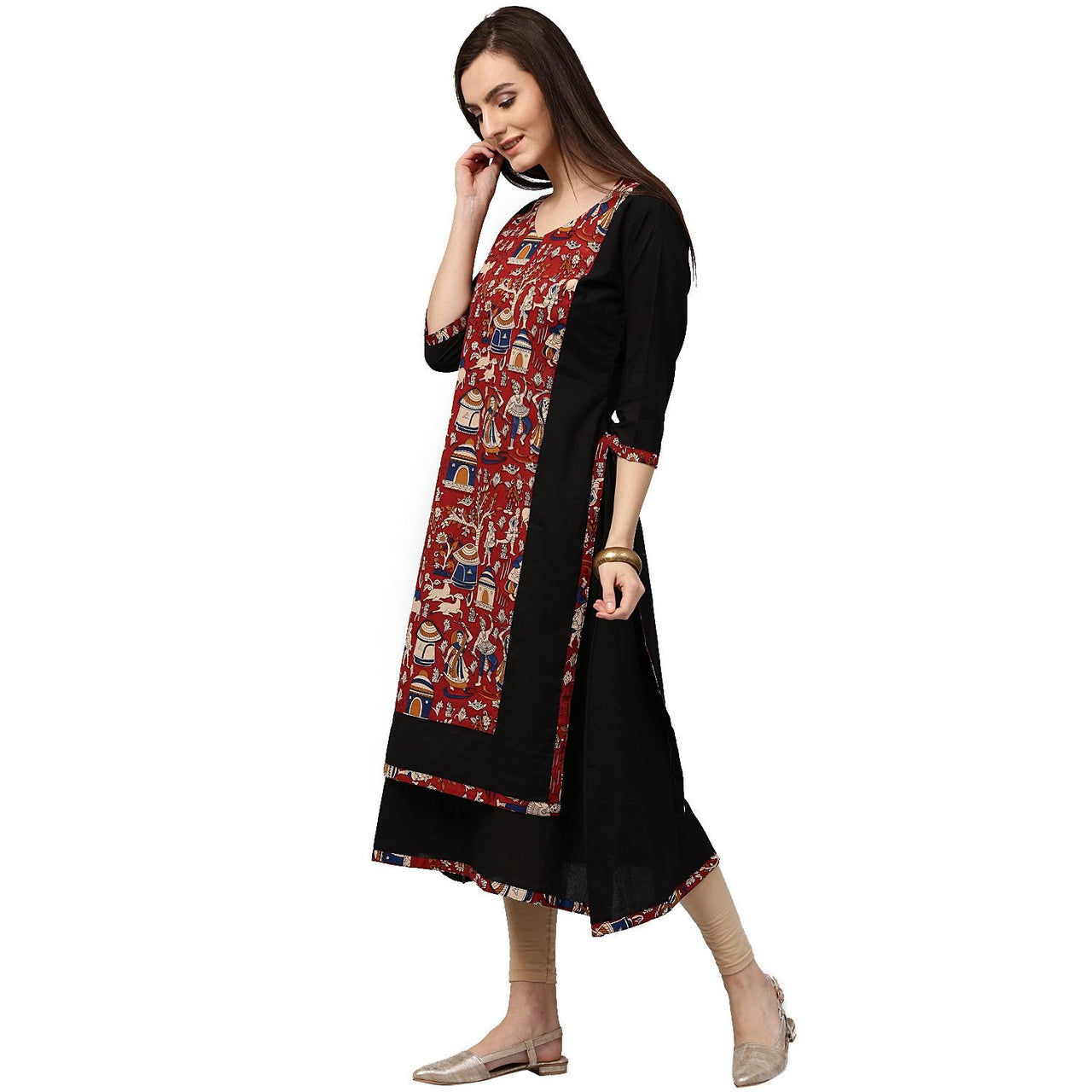 NOZ2TOZ Black Printed 3/4th Sleeve Anarkali Kurta With Double Layer In Front - Distacart