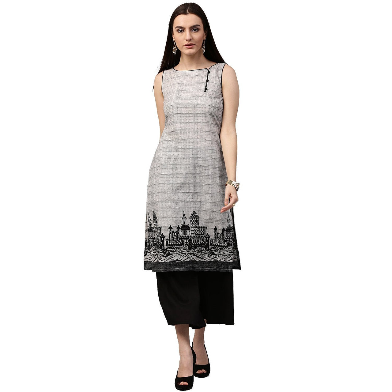 NOZ2TOZ Beige printed sleeveless cotton straight kurta - Distacart