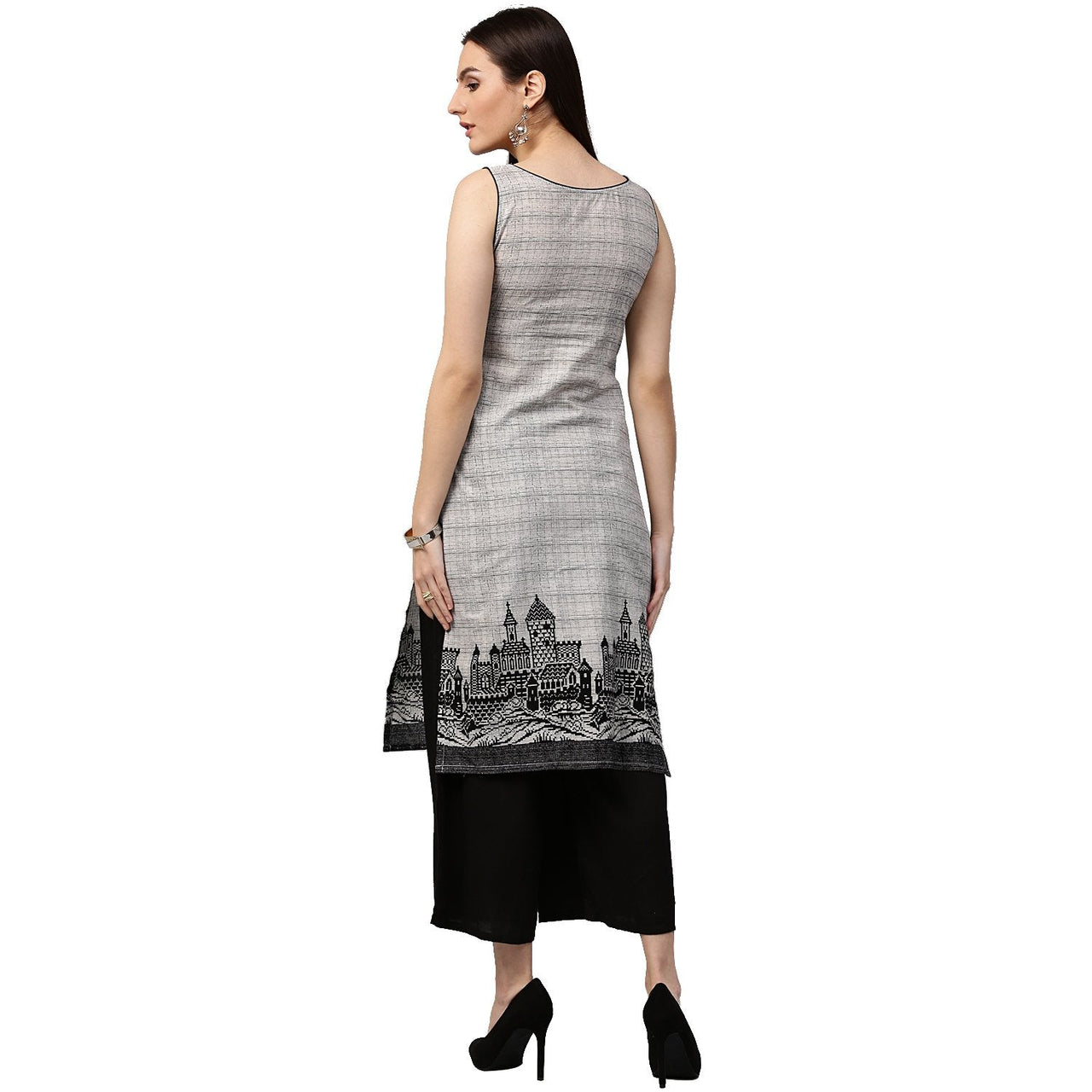 NOZ2TOZ Beige printed sleeveless cotton straight kurta - Distacart