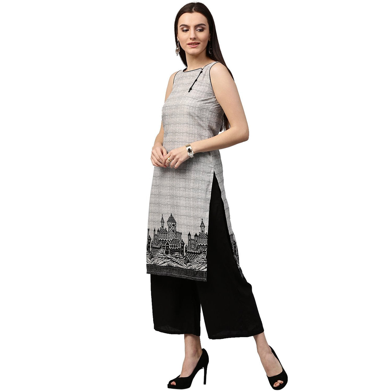NOZ2TOZ Beige printed sleeveless cotton straight kurta - Distacart