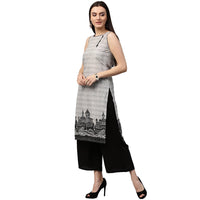 Thumbnail for NOZ2TOZ Beige printed sleeveless cotton straight kurta - Distacart