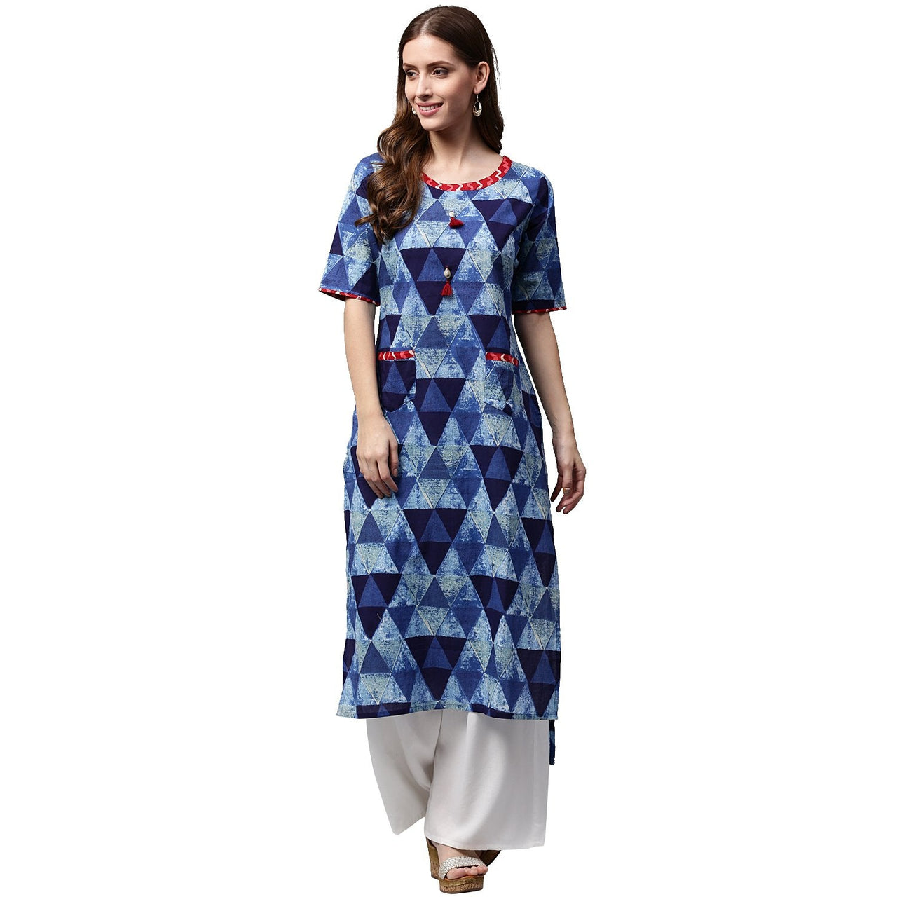 NOZ2TOZ Blue Printed Half Sleeve Cotton Straight Kurta With Pocket - Distacart
