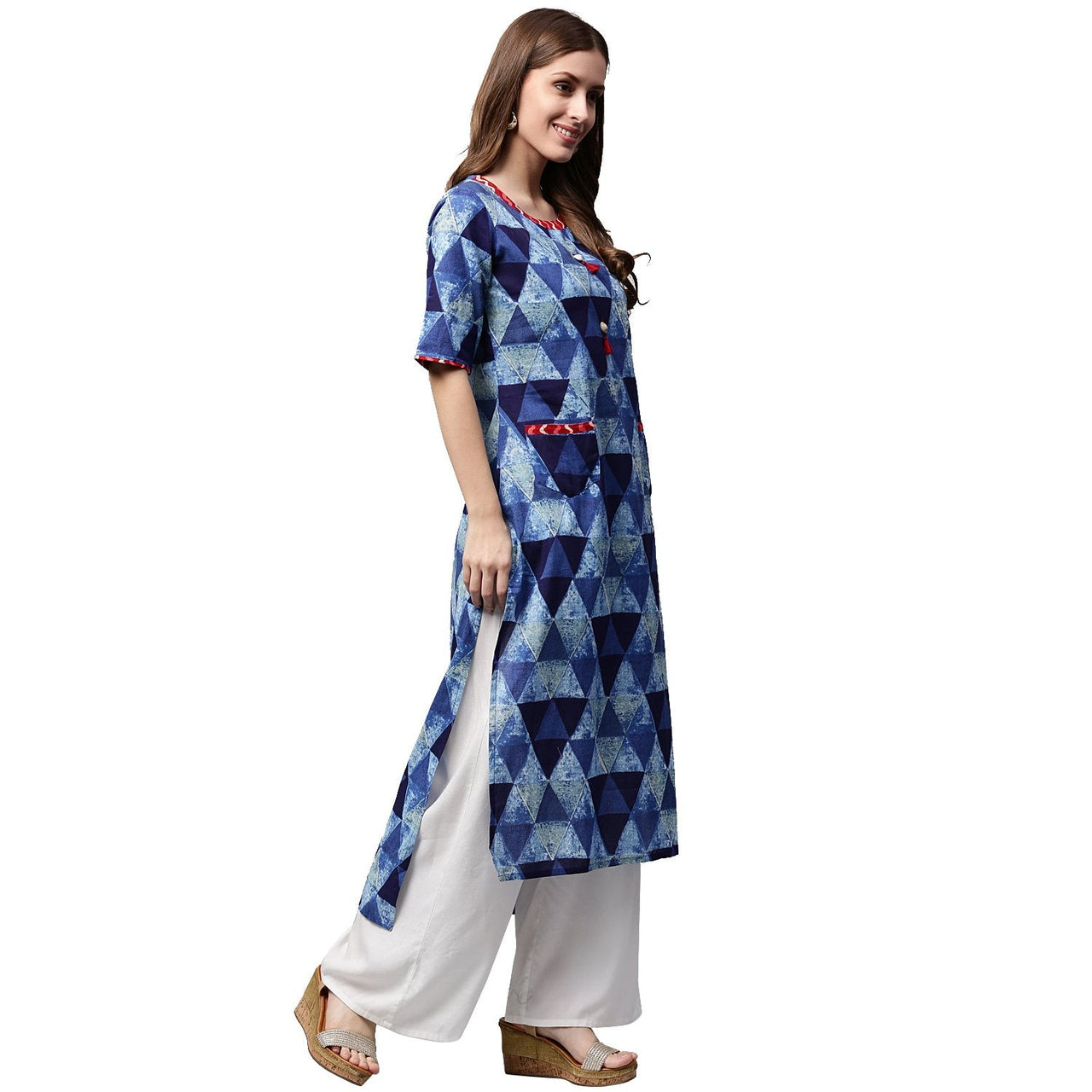 NOZ2TOZ Blue Printed Half Sleeve Cotton Straight Kurta With Pocket - Distacart