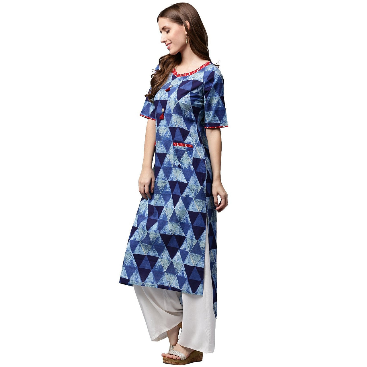 NOZ2TOZ Blue Printed Half Sleeve Cotton Straight Kurta With Pocket - Distacart