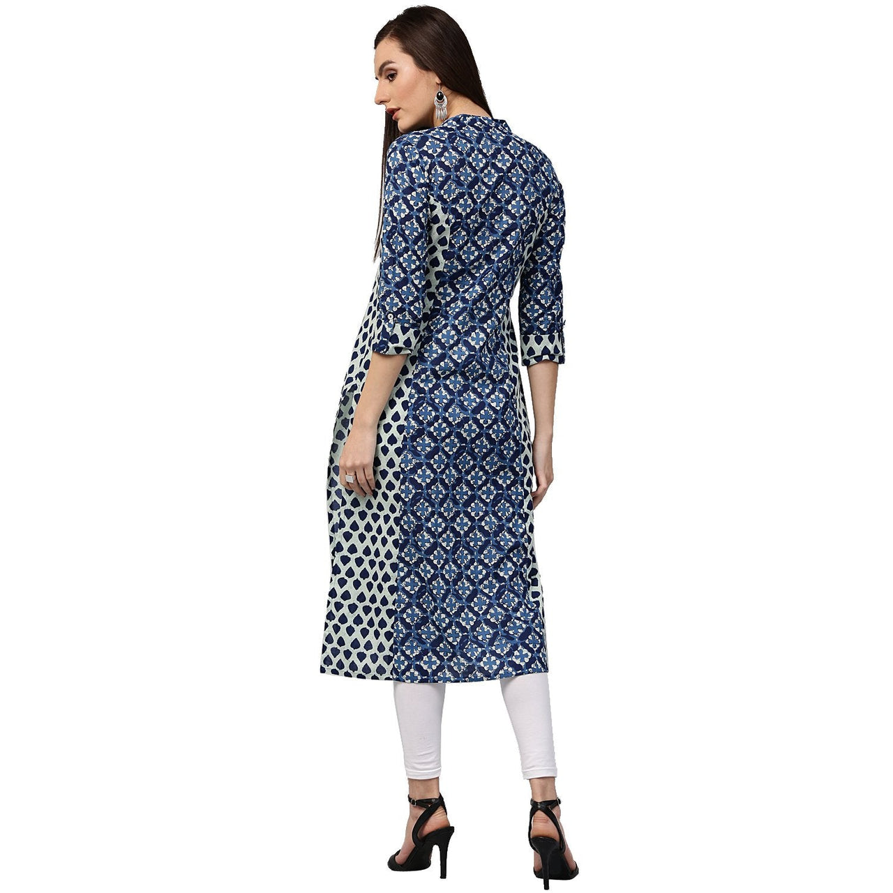 NOZ2TOZ Blue Printed 3/4th Sleeve Cotton A-Line Kurta - Distacart
