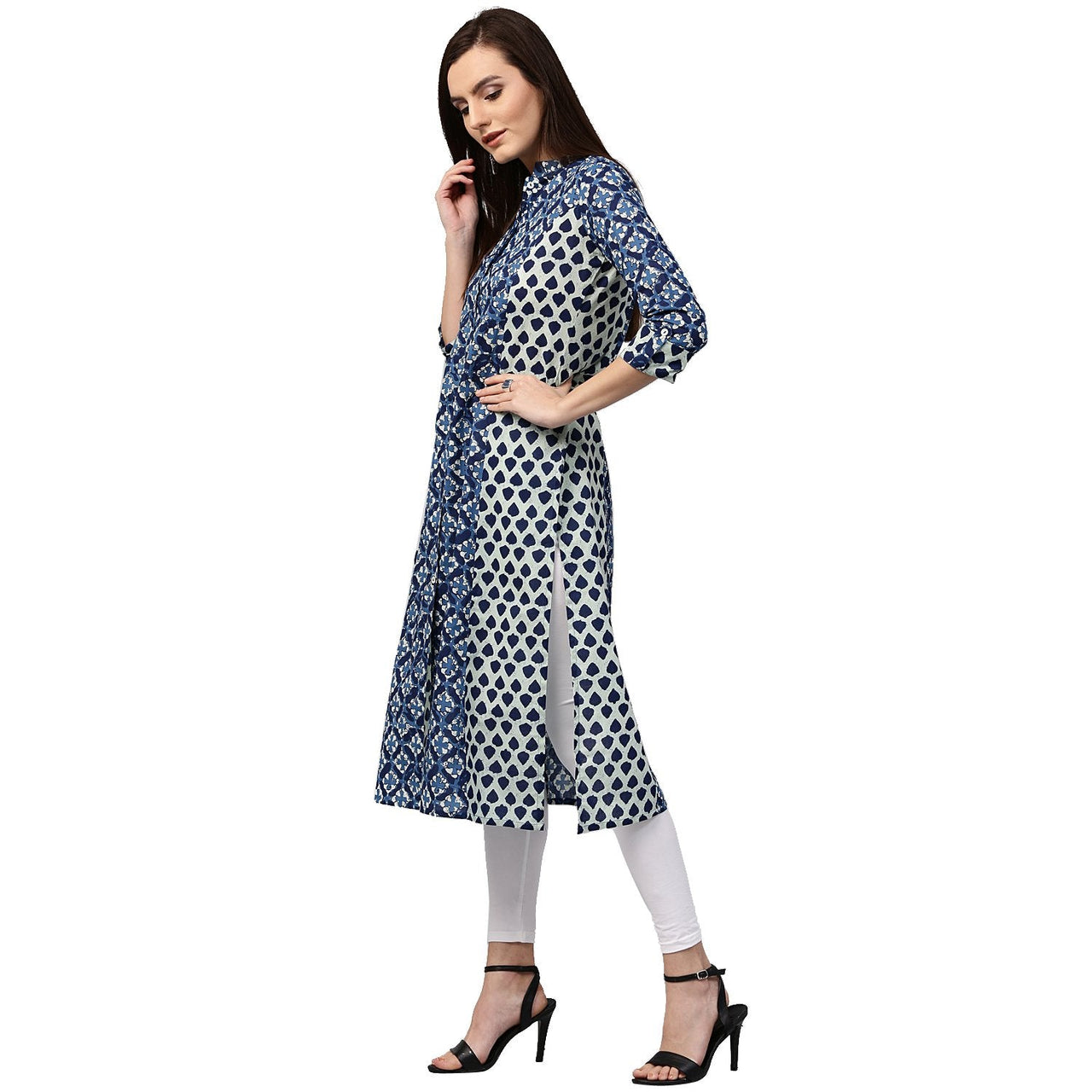 NOZ2TOZ Blue Printed 3/4th Sleeve Cotton A-Line Kurta - Distacart