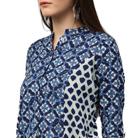 Thumbnail for NOZ2TOZ Blue Printed 3/4th Sleeve Cotton A-Line Kurta - Distacart