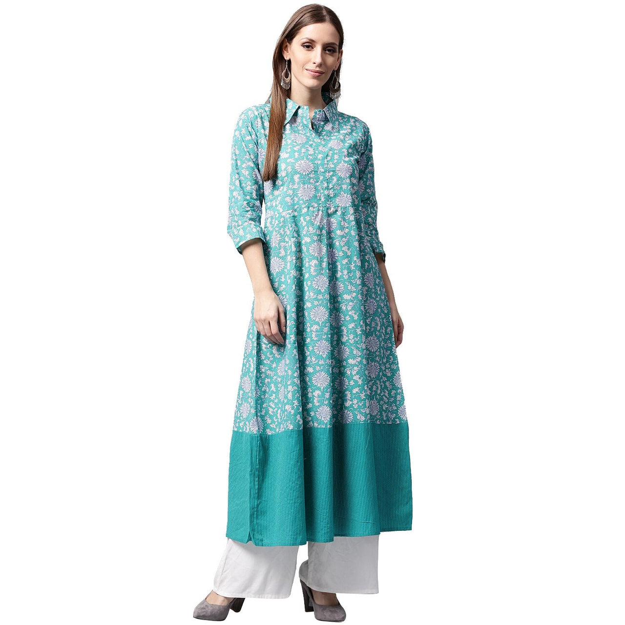 NOZ2TOZ Blue Printed 3/4th Sleeve Cotton A-Line Kurta - Distacart