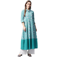 Thumbnail for NOZ2TOZ Blue Printed 3/4th Sleeve Cotton A-Line Kurta - Distacart