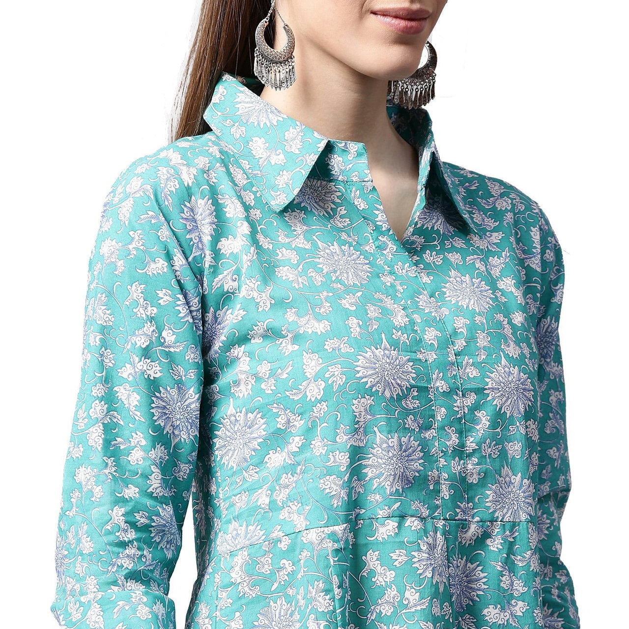 NOZ2TOZ Blue Printed 3/4th Sleeve Cotton A-Line Kurta - Distacart