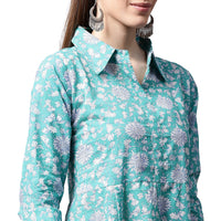 Thumbnail for NOZ2TOZ Blue Printed 3/4th Sleeve Cotton A-Line Kurta - Distacart