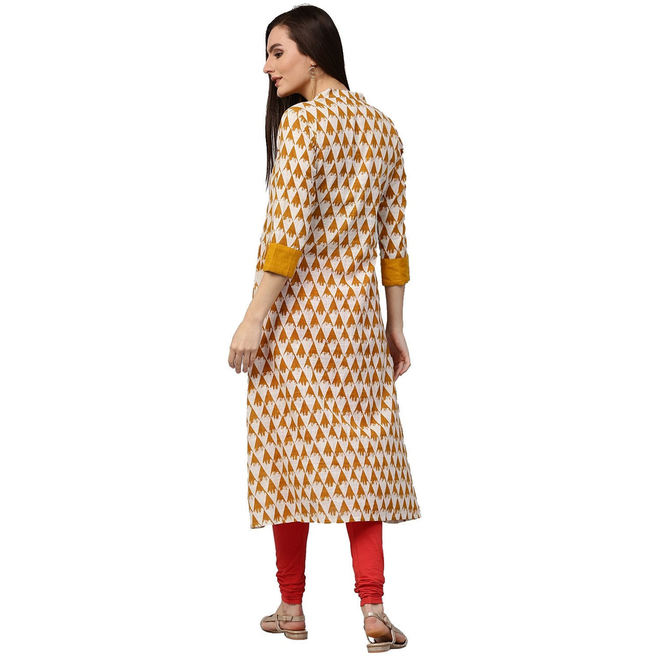 NOZ2TOZ Yellow Printed 3/4th Sleeve Cotton A-Line Kurta - Distacart