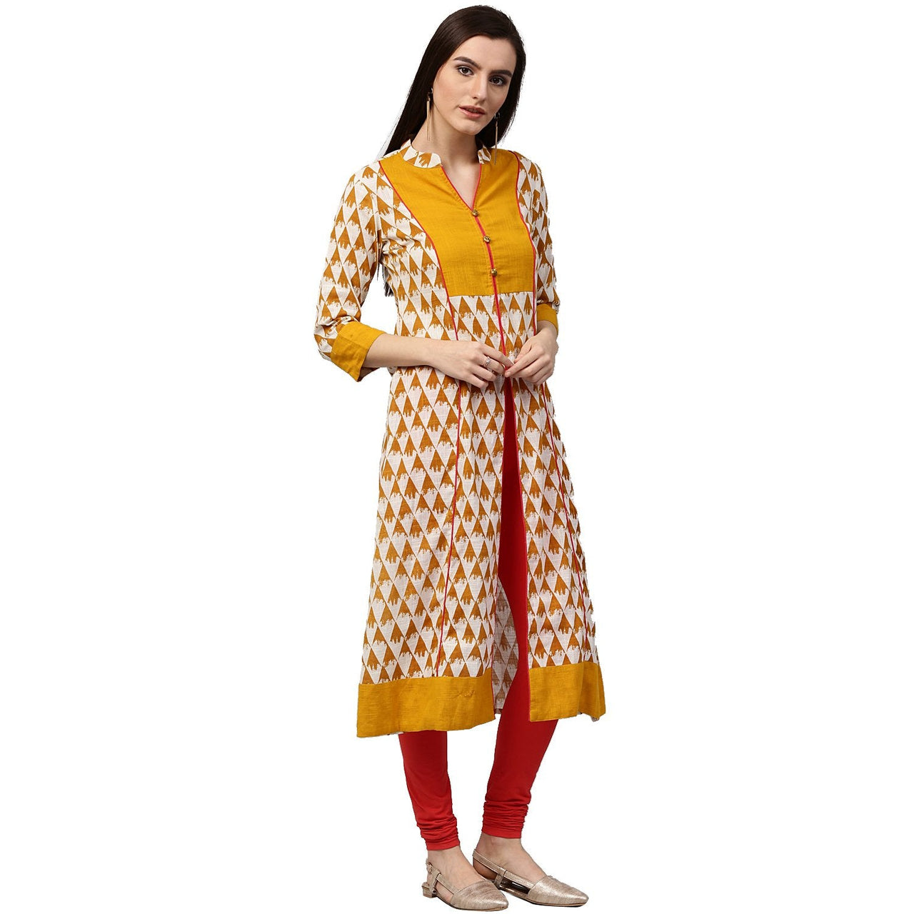 NOZ2TOZ Yellow Printed 3/4th Sleeve Cotton A-Line Kurta - Distacart