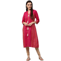 Thumbnail for NOZ2TOZ Pink & Red printed 3/4th sleeve cotton Assymetric kurta - Distacart
