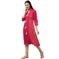 Thumbnail for NOZ2TOZ Pink & Red printed 3/4th sleeve cotton Assymetric kurta - Distacart