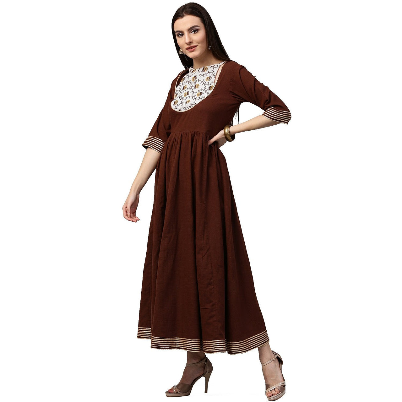 NOZ2TOZ Coffee 3/4th Sleeve Cotton Anarkali Kurta With Printed Yoke - Distacart