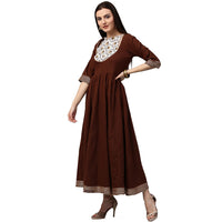 Thumbnail for NOZ2TOZ Coffee 3/4th Sleeve Cotton Anarkali Kurta With Printed Yoke - Distacart