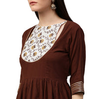 Thumbnail for NOZ2TOZ Coffee 3/4th Sleeve Cotton Anarkali Kurta With Printed Yoke - Distacart